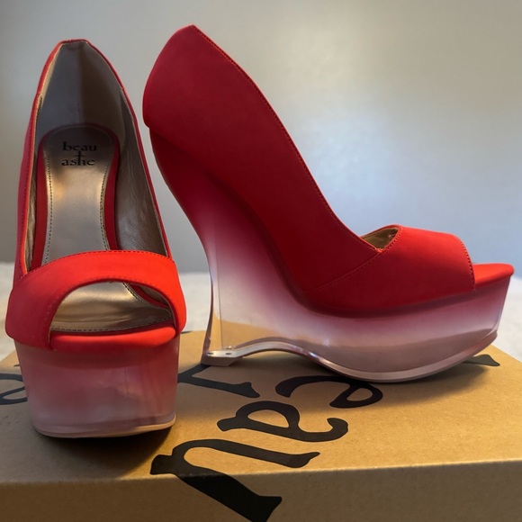 Beau+Ashe Vibrant Coral Platform Peep Toe Wedges with Gradient See-Thru Wedge - Picture 2 of 15